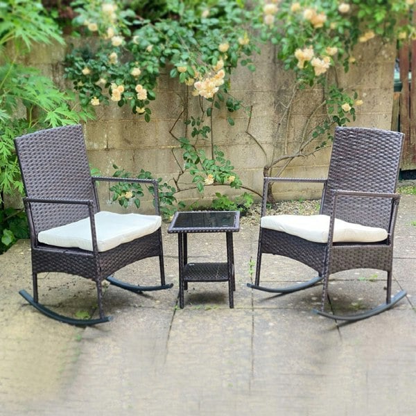 Furniture One 3-Piece Outdoor Rattan Bistro Set, 2 Seater Patio Rocking Chairs with Glass Top Coffee Table