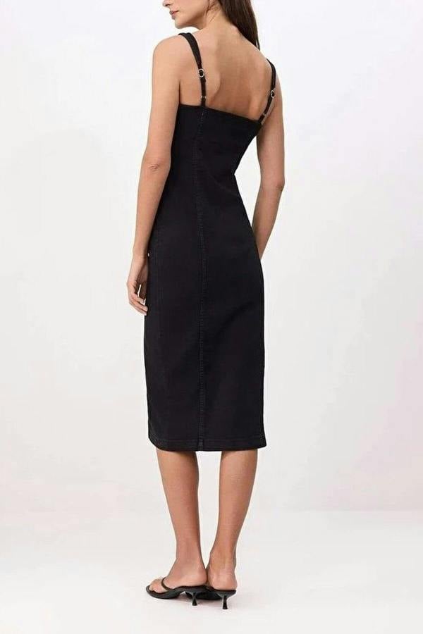 WOVCOR Button Detail Medium Stretch Midi Denim Dress