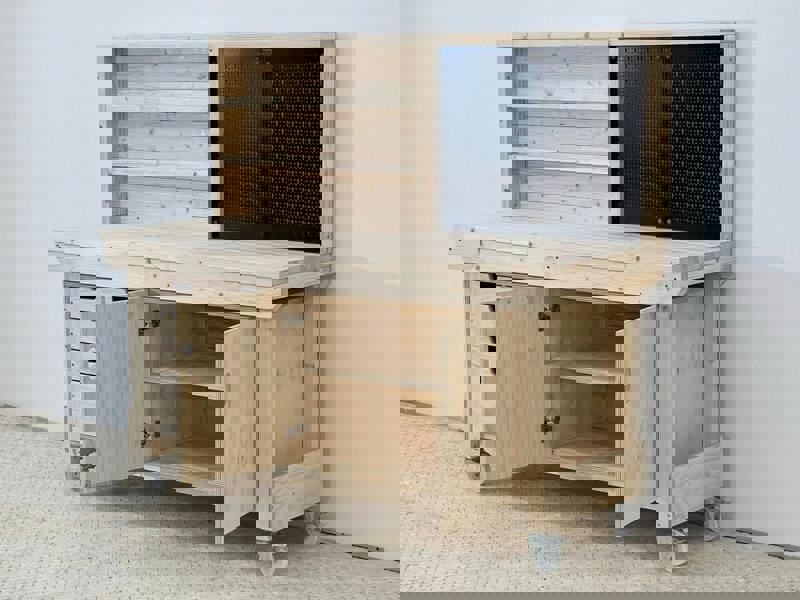 Acorn Heavy-Duty Cupboard Workbench (V.1) – Sturdy Wooden Workbench with Two-Door Cupboard, Multiple Drawers, and Optional Back Panel or Pegboard, Ideal for Garages, Workshops, and Sheds