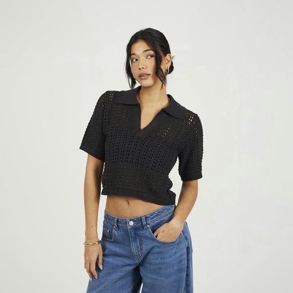 Brave Soul Black Pointelle Knit Collared T-Shirt - Black Image 1