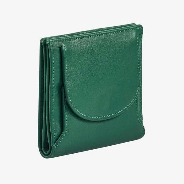 Compact green leather coin tray wallet with press stud closure 