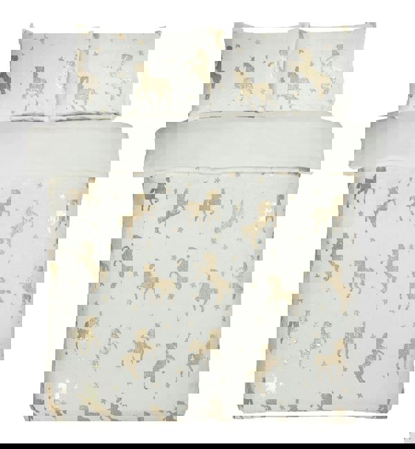 Smart Living Luxury Fleece Unicorn Foil Duvet Cover with Pillowcase- Ivory