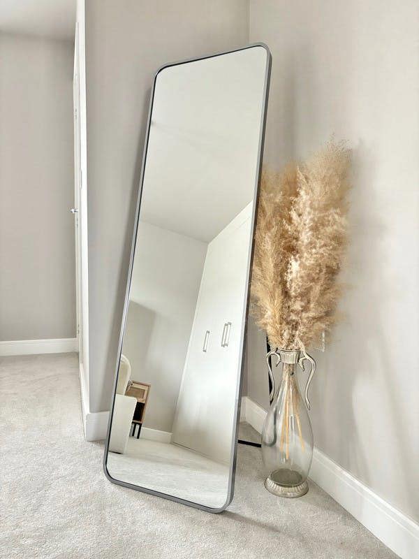 Stunning Silver Rectangular Metal Frame Wall or Floor Standing Dressing Mirror 145cm x 45cm - Soho Collection