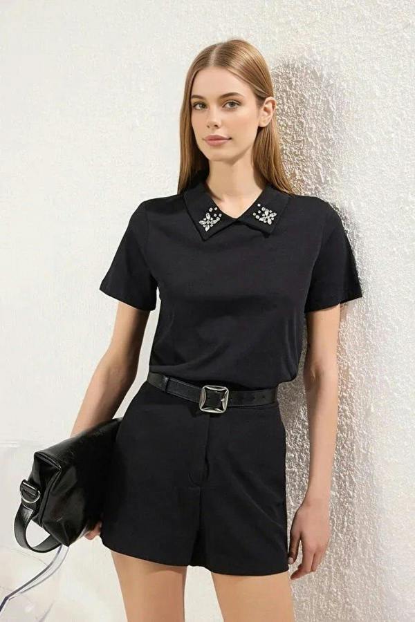 WOVCOR Thick Cotton Polo Collar Knitted T-Shirt with Stone Details