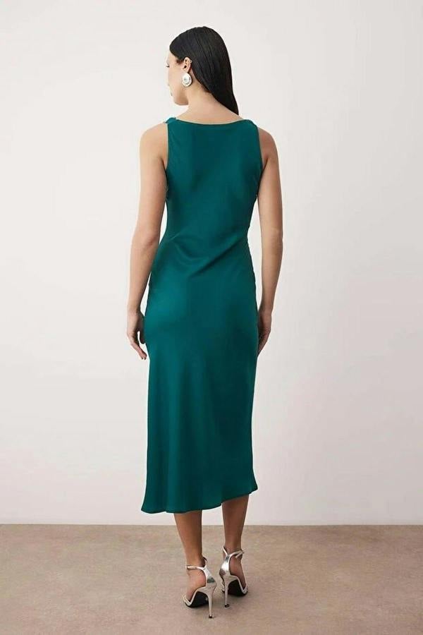 WOVCOR Woven Satin Midi Evening Dress with Stone Embellishments