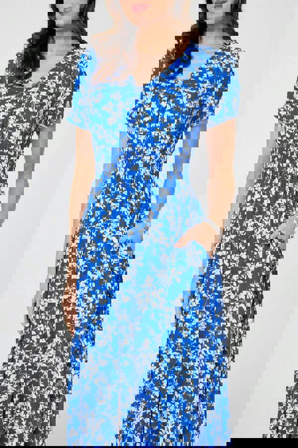 Blue | Ditsy Floral Shirred V-Neck Maxi Dress