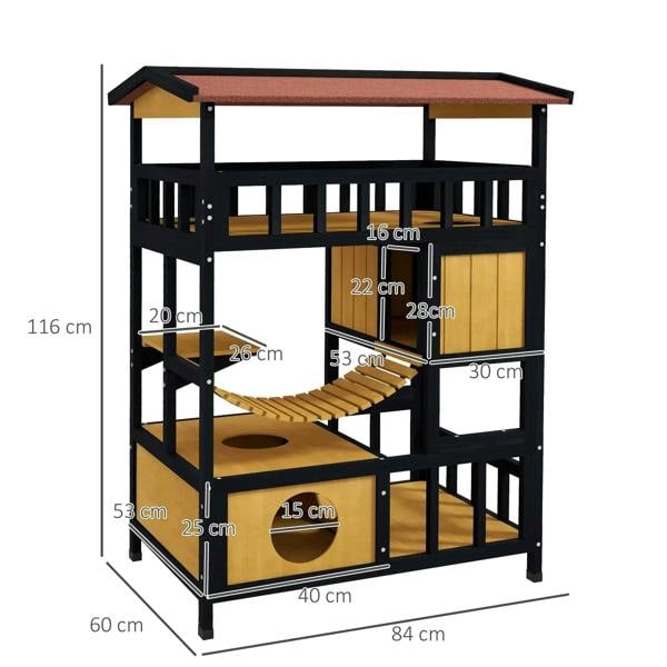 Four-tier wooden cat house with front ramp, side door, and two lower openings