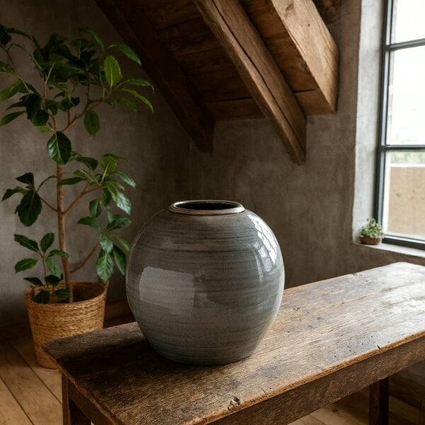 Wyld Haus Bloomwood Grey Glazed Round Ceramic Vase Crackle Effect