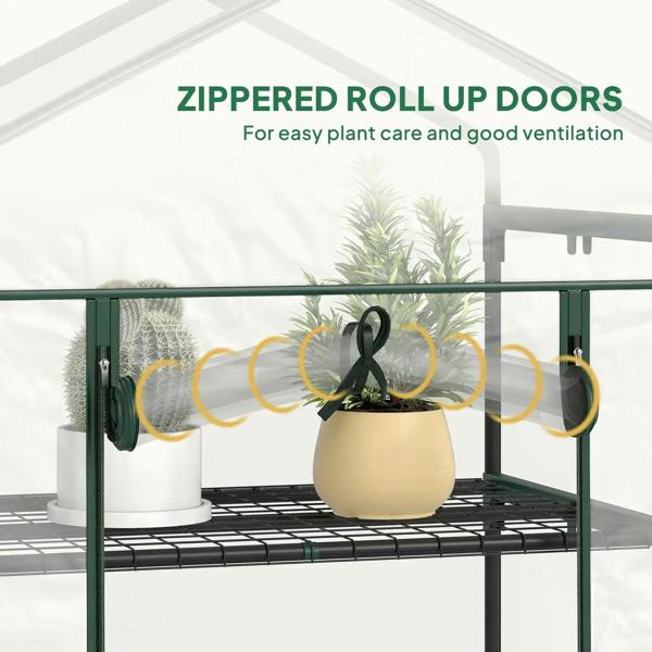Roll-up zipper door mini greenhouse with green frame and clear cover, pots on shelves