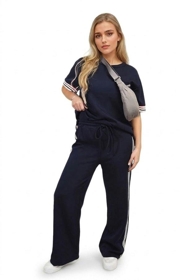 Jennifer Contrast Stripe Top And Wide Leg Trouser Co-ord Set - Navy_wb