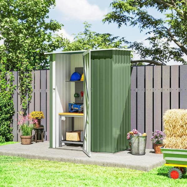 Green metal garden storage shed with open doors and interior shelf storage