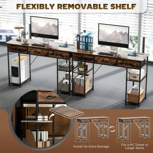 Wyld Haus Hariva 120cm Wooden Rustic Brown Home Office Desk With Power Sockets 3 Fabric Drawers And 4 Storage Shelves