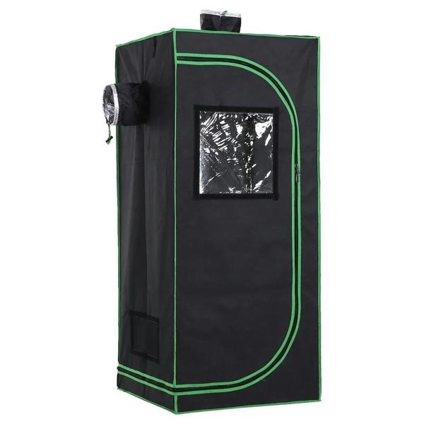 Black grow tent with green trim, front window panel, and side ventilation port; reflective lining.