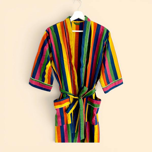 Hayley & Co Rainbow Stripe Print 100% Cotton Dressing Gown