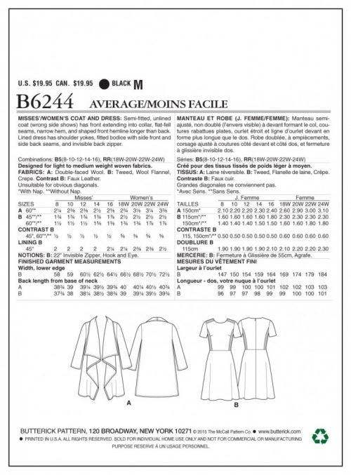 Butterick Sewing Pattern 6244, Coats, Dresses for Women, 8-10-12-14-16 - Intermediate