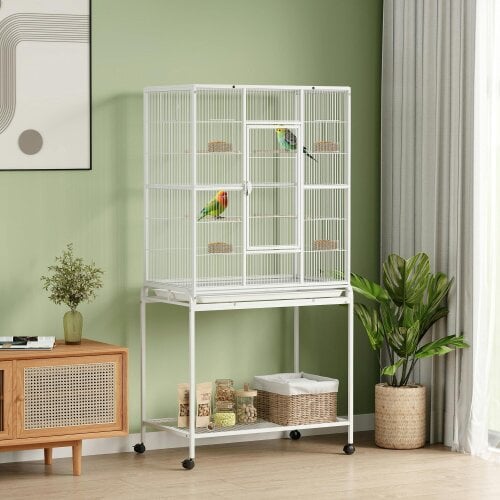 PawHut Rolling Bird Cage w/ Detachable Stand Storage Shelf Wood Perch, White