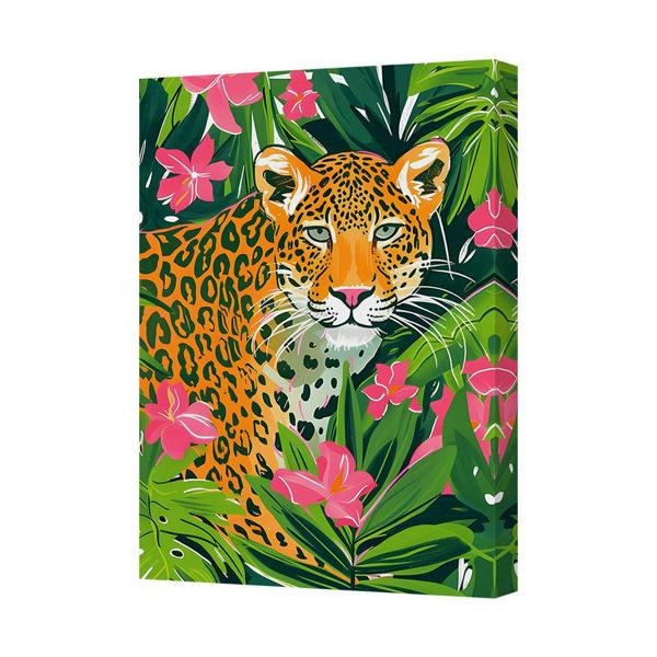 Benjamin Tate Design Leopard Among Tropical Foliage Canvas Wall Art With Pink Flowers