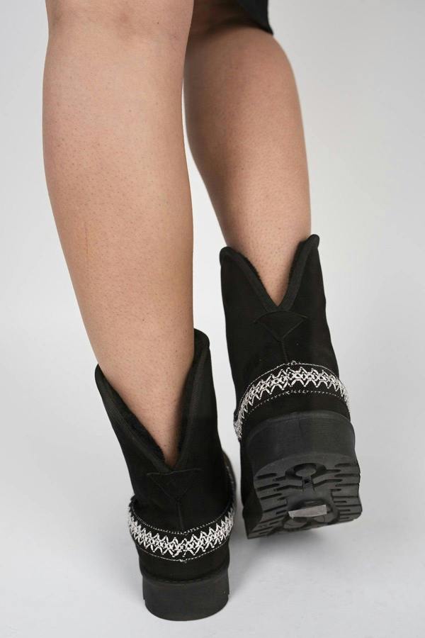 Karsie Suedette Embroidered Flat Ankle Boots - Black