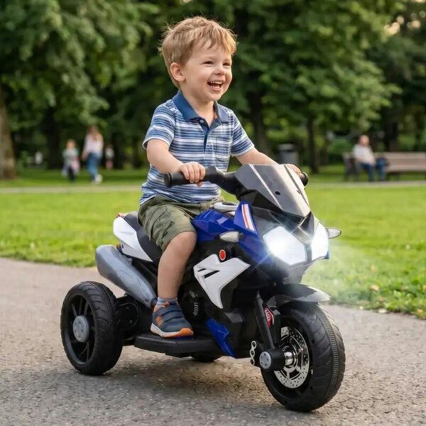 Kids Electric Motorcycle, 6V Ride on Motorcycle with 3 Wheels, LED Headlight, Music, Horn for Boys Girls 3-5 Y, Blue - Blue