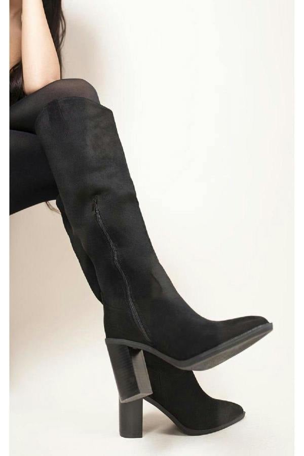 Aletta Pointed Toe Block Heel Knee High Boots - Black