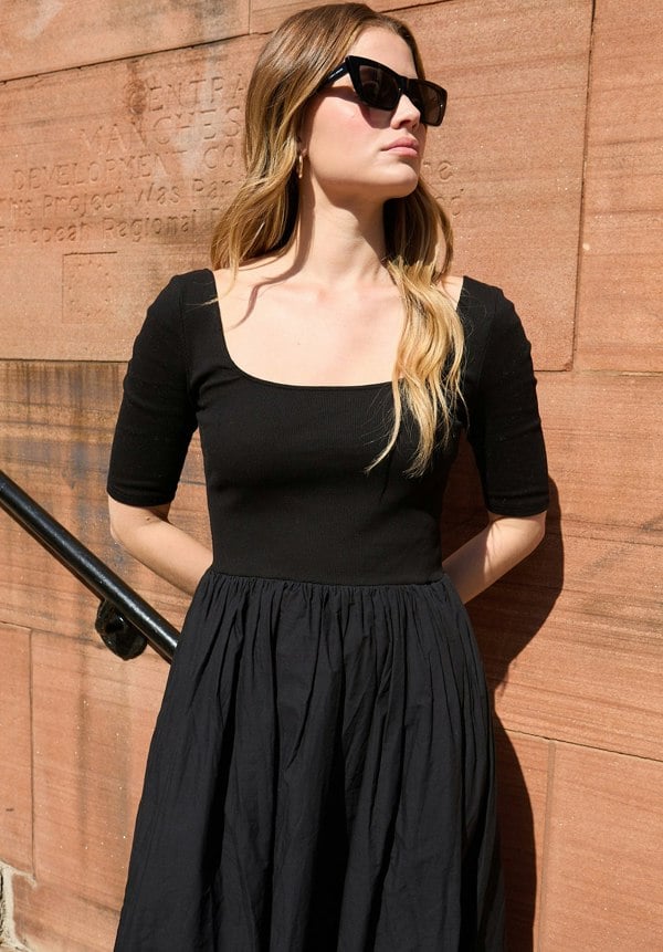 Sydney Short Sleeve Jersey Bodice Embroidered Midi Dress In Black - image 5