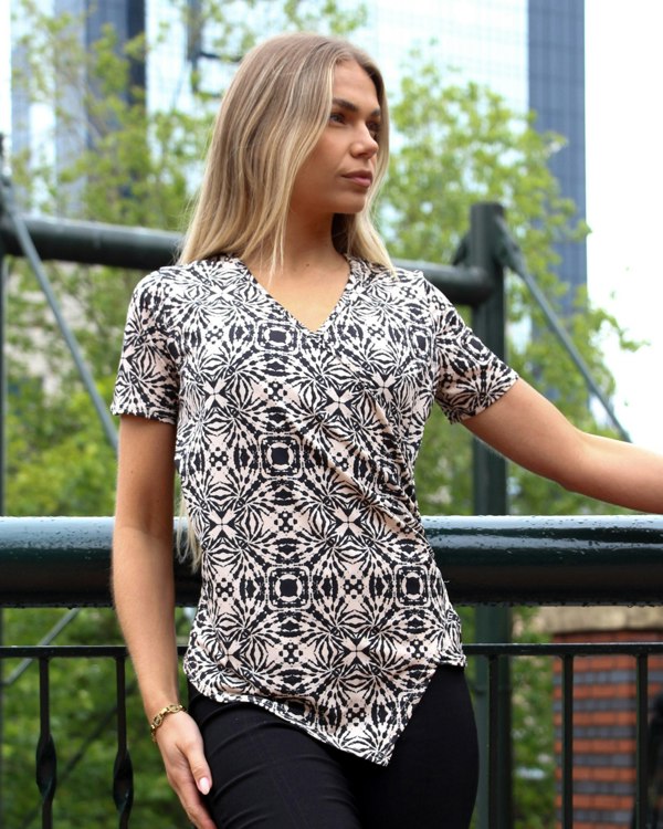 Antonia York Asymmetric Top | Clara Soft Jersey Wrap Top in Abstract Geometric Print