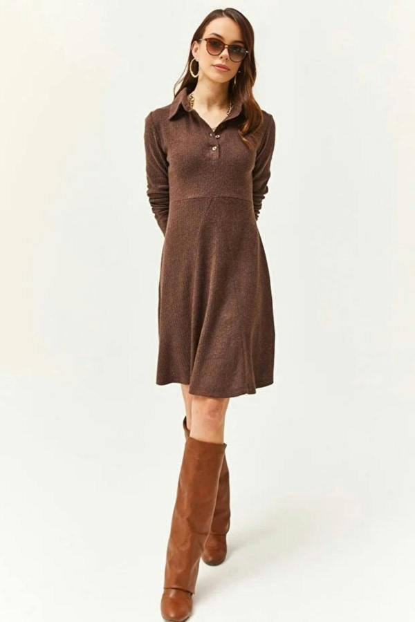 Hoxton Gal Polo Collar Buttoned Mini Flared Dress