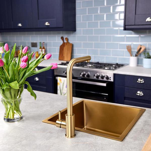 Flode Mjörn | Single Lever Kitchen Sink Mixer Tap with Swivel Spout | L Neck Design | Brushed Brass Finish