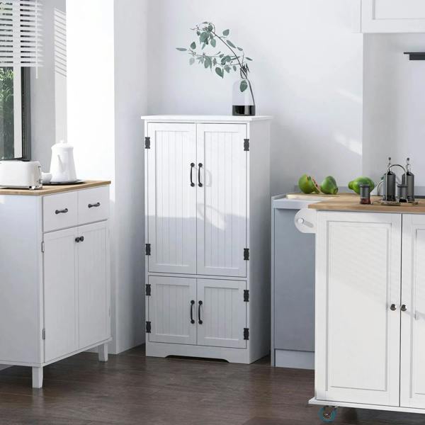 White floor cabinet with paneled double doors and black handles
