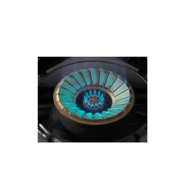 Close-up of a gas stove burner with blue flames on a white background
