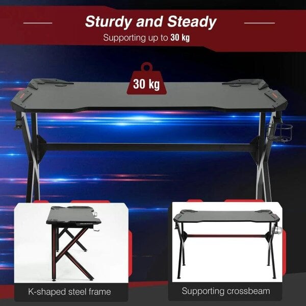 Gaming desk with Cup Holder Headphone Hook Feet Adjustable 120 x 66 x 75cm Black