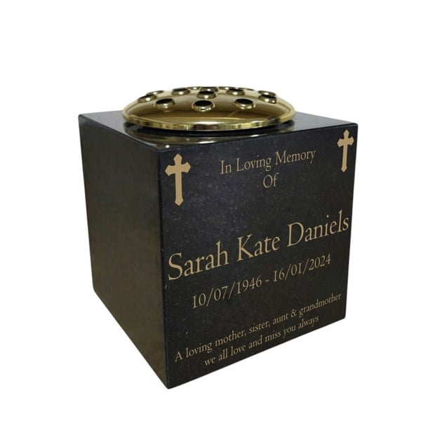Memorials Direct Granite Memorial Vase- Solid Granite – Free Personalised Gold Engraving , Cross – Includes Metal Flower Pot Insert