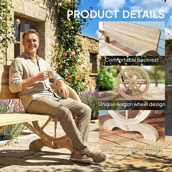 Fir Wood 2-Seater Outdoor Garden Wagon Wheel Bench, Natural Wood Finish