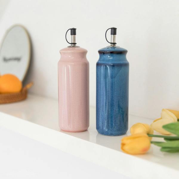 Scandi Home Ceramic Oil & Vinegar Bottles, Set of 2, Pink & Blue Reactive Glaze