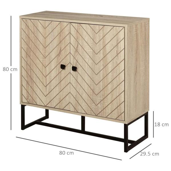 Oak 2-tier storage cabinet with chevron front, black legs, and two round knobs