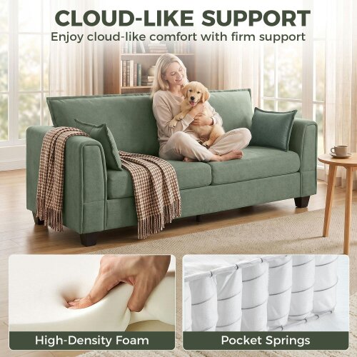 HOMCOM 3 Seater Sofa, Linen Upholstered Sofa with Spring Cushions, Green