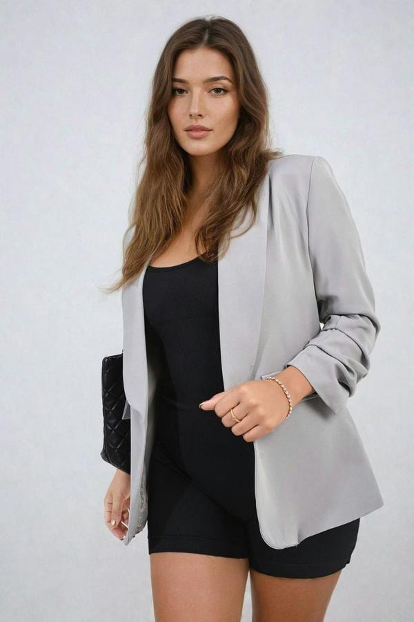 Valerie Ruched Sleeve Open Front Blazer Jacket With Front Pockets - Grey