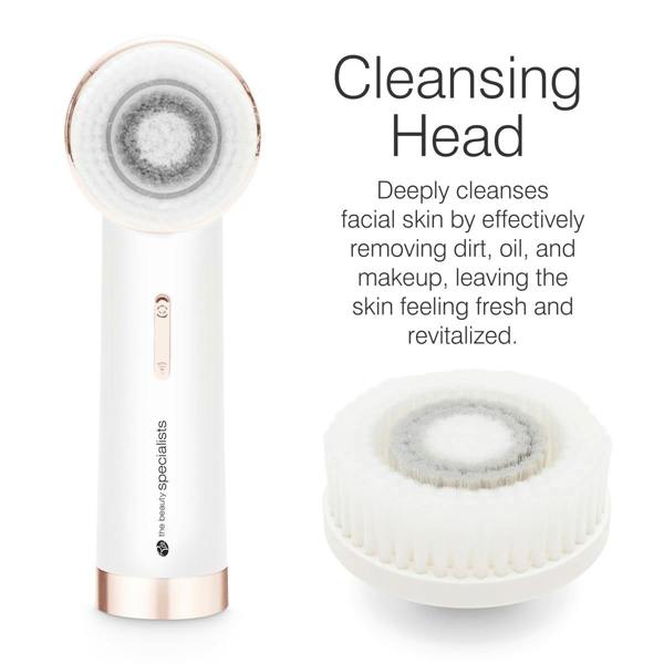The Rio the Beauty Specialists PURE CLEANSE Deep Cleansing & Exfoliating Facial Brush features a removable round head for effective dirt, oil, and makeup removal—leaving your skin fresh and revitalized. Text reads: Cleansing Head.