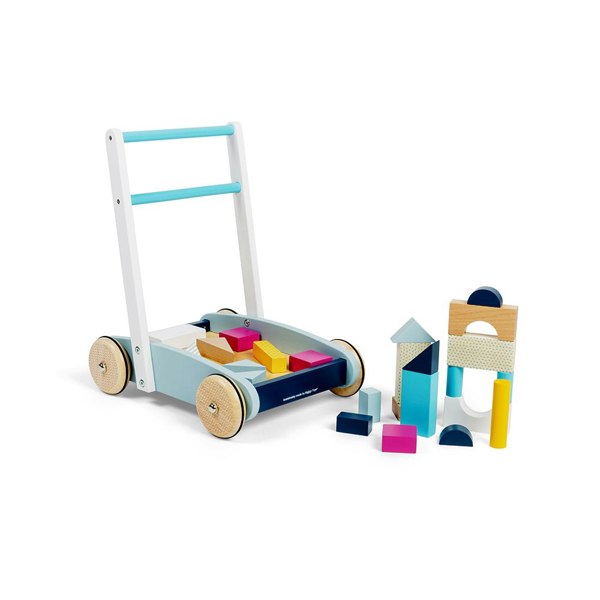 Bigjigs Toys Wooden Baby Walker With 25 Building Blocks - Easy-To-Grip Handlebar