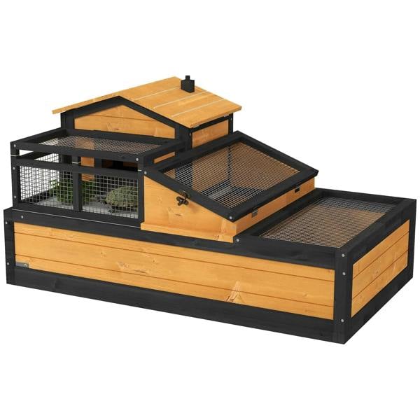 Yellow wooden tortoise house with black metal mesh, balcony and hinged roof panel