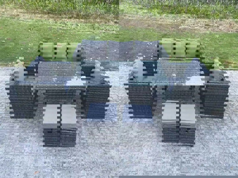 Fimous 7 Seater PE Wicker Rattan Garden Furniture Set Lounge Sofa Chair and Rectangular Dining Table Set 2 Small Footstools Dark Grey Mixed