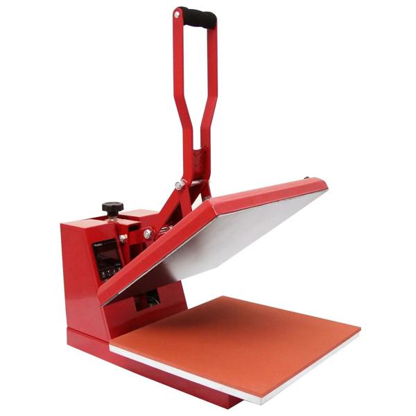 Red 38cm clam press with a sturdy handle, featuring a large flat heating surface and adjustable pressure for vinyl applications
