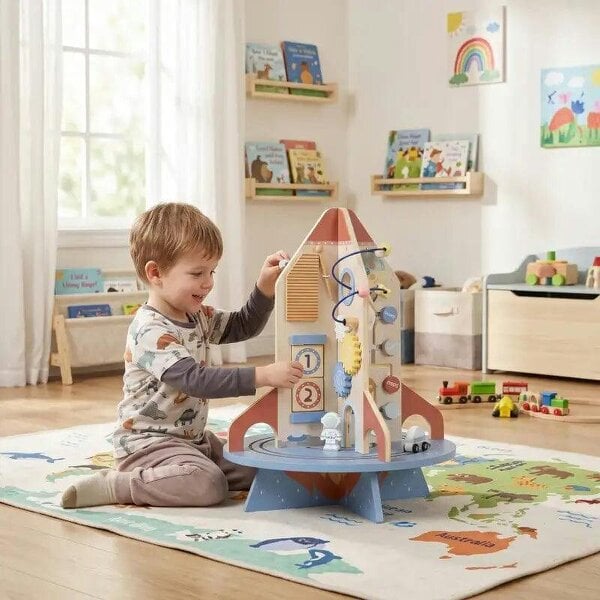 Bobobiy Wooden Activity Cube, Rocket Theme Educational Toys with Shape Sorter & Bead Maze for Toddlers 24M-6Y Fine Motor Skill - Multi-colour