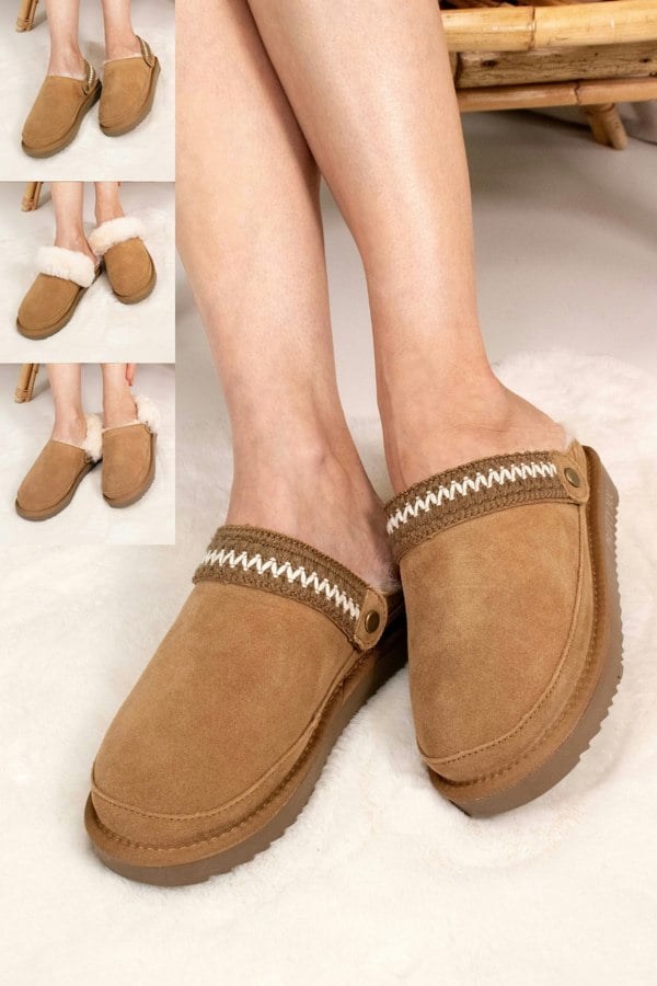 Pretty You London Women's Hallie Sheepskin Multiway Slippers in Chestnut