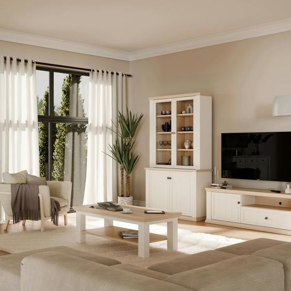 Furniture To Go Pontypool 4 Door Display Cabinet in White and Riva Oak