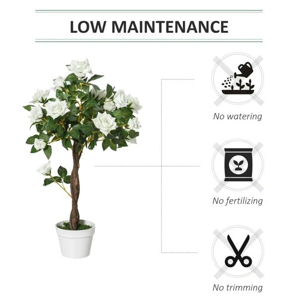 Artificial white rose floral plant with white blooms and green leaves in white pot
