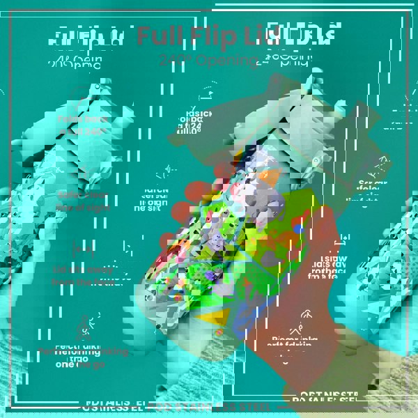 A stainless steel water bottle, featuring a farm animal design, is being held. Its full flip lid opens 240 degrees. The bottle is shown against a teal background. The text includes: "Full Flip Lid," "240° Opening," "POD STAINLESS STEEL," plus descriptions of the lid's features.
