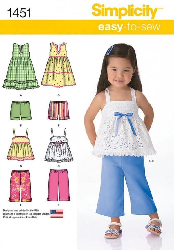 Simplicity Sewing Pattern 1451, Dresses, Trousers, Shorts, Tops for Kids, Baby, Ages: 1/2 - 4 - Easy