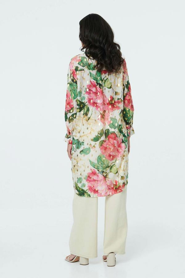 Cream | Floral Long Sleeve V-Neck Longline Shirt