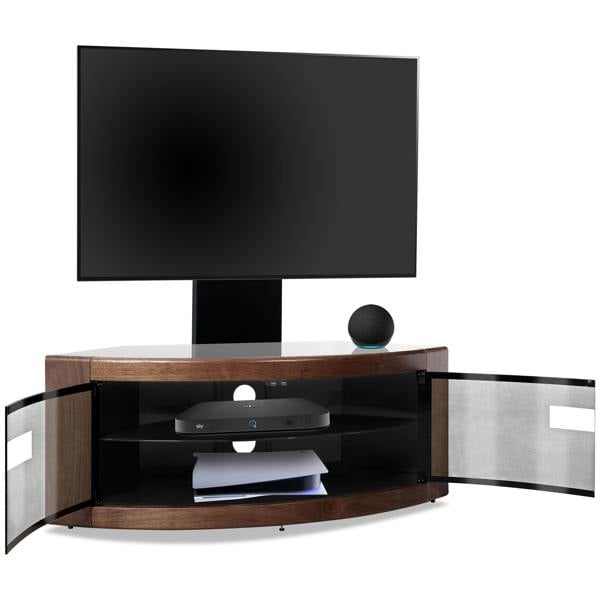 Homeology PANGEA Black/Walnut Beam-Thru Curved True-Corner 32"-50" TV Cabinet with Mounting Arm